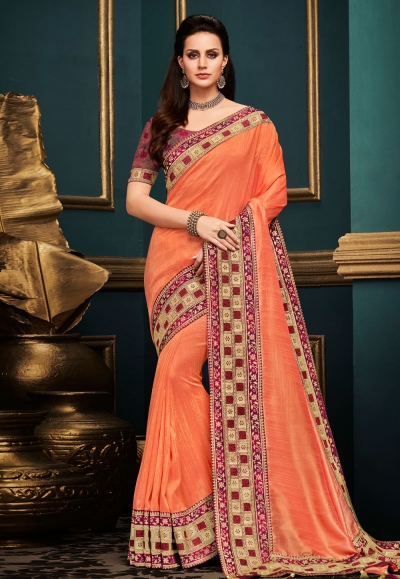 Orange silk embroidered festival wear saree  10605